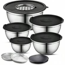 - Juego de cuencos para mezclar de acero inoxidable cepillado, fcil de limpiar, ahorro de espacio, para cocinar, hornear, preparar necesidades 8 piezas con tapa y rallador - 8 piezas con tapa y rallador - Ver 2
