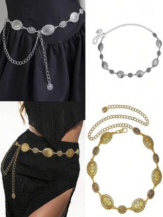 1pc Vintage Fashionable Personalized Metal Floral Pattern Distressed Waist Chain, Suitable For Women's Daily And Party Wear, Holiday Gift