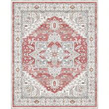 Soft Neutral Area Rugs 5x7, Washable Rug With Non Slip Backing, 5 X 7 Faux Cashmere Low-Pile Carpet, Cream White & Blue & Light Brown,  2025 Design - Red & Cream - View 9