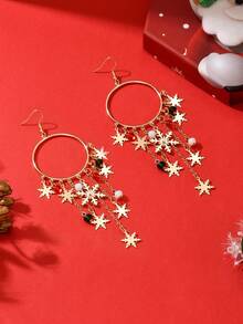 1 par de elegantes pendientes navideños para mujer, con llamativo diseño de copo de nieve de metal, borlas largas con cuentas rojas y verdes, perfectos para fiestas y regalos en ocasiones festivas - Dorado - Ver 4
