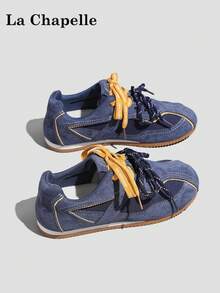 1 Pair La Chapelle Women's Thick Sole Lace-Up Soft Bottom Casual Shoes, Low-Top Outdoor Flat Shoes, Round Toe Low Heel Solid Color Elegant Soft Bottom Hiking Shoes Suitable For Students Taking Graduation Photos, Women Low-Top Leather Sports Skateboard Shoes - Blue - View 4