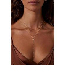 Lariat Women - Dainty Long Necklace  14K Gold Plated Hypoallergenic Layered Long Y - Shape Sunburst CZ - Bar Pendant Drop Chain Necklace Set Women Non Tarinsh Jewelry - hạt sunburst nhiều lớp-gd - Xem 4