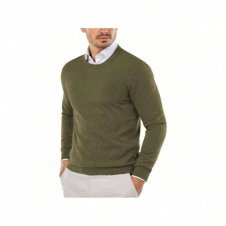 Men's Crew Neck Sweater Slim Fit Lightweight Sweatshirts Knitted Pullover For Casual Or Dressy Wear - 軍綠色 - 查看 1