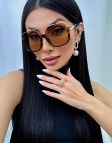Oculos de sol quadrado Feminino Masculino meia armação Metal elegante e moderno blogueira Proteção UV - Livia - marrom com onça - Visão 2