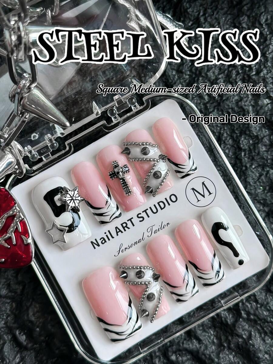 Thiết kế độc đáo, làm thủ công, bộ 10 móng tay acrylic phong cách Trash Punk, móng vuông ngắn, nghệ thuật móng Y2K, móng hồng họa tiết sọc ngựa vằn, móng giả màu trắng kiểu Pháp được phối hợp hoàn hảo với điểm nhấn năm ngôi sao kim loại. - Nhiều màu - Xem 1