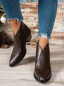 复古英伦风格白色女靴，春秋季，中跟，尖头，粗跟，踝靴 - 棕色 - 查看 3