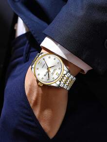 GUANQIN 1 buc Ceas luminos impermeabil pentru bărbați, cu cadran cu strasuri calendaristice, curea din oțel inoxidabil rezistentă la uzură, modă Business Luxury Sportiv Clasic Simplu Casual Stil mecanic Ceas cu cuarț automat pentru bărbați, potrivit pentru Halloween, Crăciun, Ziua Tatălui, studenți, festivaluri, întâlniri, afaceri, zilnic, cadouri