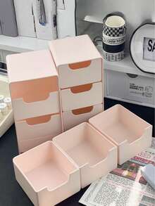 三合一迷你抽屉收纳盒（长：13厘米，宽：9厘米，高：8厘米），收纳架，桌面抽屉整理器，塑料桌面收纳抽屉，桌面首饰盒，透明配件和首饰抽屉盒，办公桌收纳盒，带3个隔层 - 粉色 - 查看 4