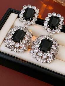 1 par de pendientes cuadrados de metal con cristal y resina negra, pendientes de estilo europeo y americano para mujeres y niñas, para viajes, bodas, fiestas, regalos de cumpleaños y Navidad 2025