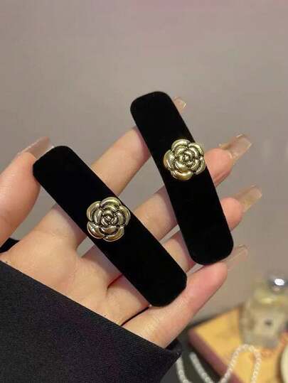 2 件/6 件女式 2.75 英寸/7 厘米花卉天鹅绒简约矩形刘海/侧发夹，优雅公主风格，适合日常、化妆、通勤、度假、学校、派对、礼物