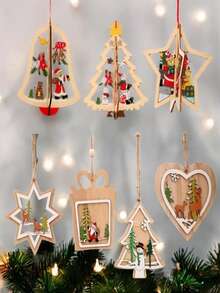 Weihnachtsbaumschmuck - 3D handgeschnitzte Cut Out Dekorationen, hölzerne Hängedekoration für Innenraum Heim Party Artikel - Verschiedenfarbig - Übersicht 3