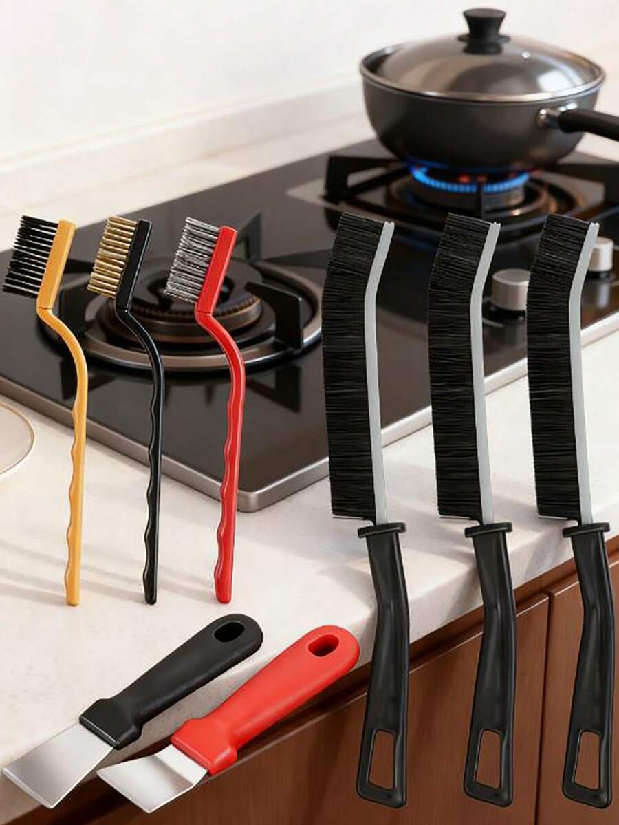 8件套，燃气灶长柄多功能清洁工具，铜线炉灶油污清洁刷，瓷砖缝隙清洁刷，耐用，重型清洁工具，多功能清洁刷，家居清洁除锈工具，焊渣清洁剂，耐用刷子，重型刷子，优质钢，耐用材料，清洁工具