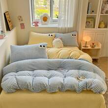 1 件牛奶丝绒双面毛巾绣花条纹印花被套，1*被套，无填充物，亲肤，柔软舒适，线条简约 - 藍白色 - 查看 6