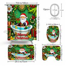 1pc/4pcs Green Christmas Shower Curtain Set: Santa Claus Bathtub Gift Theme, Elegant Housewarming Shower Curtain Gift, Modern Home Bathroom Decor Curtain, Shower Curtain With 12 Hooks, Non-Slip Bath Mat, U-Shaped Toilet Mat, Toilet Lid Cover, Bathroom Decor Set