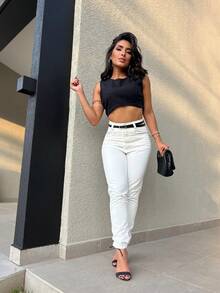 Mon Jeans Pants Without Lycra Women's High Waist Pants Feminine Fashion - Off com cinto - 查看 1