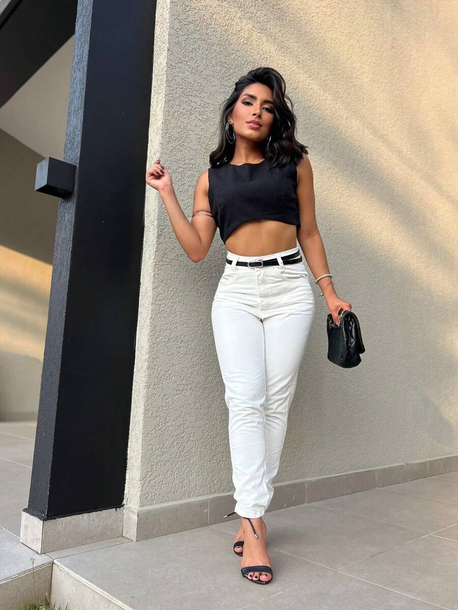 Mon Jeans Pants Without Lycra Women's High Waist Pants Feminine Fashion - Off com cinto - 查看 1