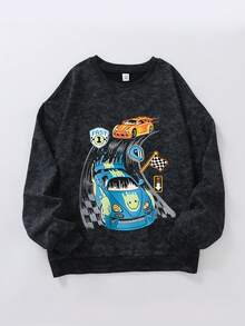 青少年男孩赛车比赛印花雪花图案圆领长袖毛衣套头衫秋冬款 - 黑色 - 查看 3