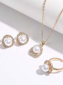 Elegant & Shiny Pearl Jewelry Set Rhinestone-Encrusted Wire-Wrapped Design, 3 Pieces Set (Necklace + Earrings + Ring) For Sophisticated Style - 黃金 - 查看 4