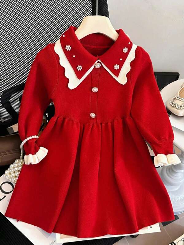 1pc Young Girls' Fashion Burgundy Long Sleeve Dress, Double Layered Ruffle Beaded Round Neck Princess Dress With Ruffled Hem Sweater Dress