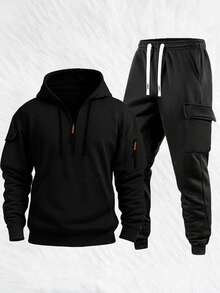 Conjunto de sudadera con capucha de media cremallera casual y pantalones cargo para hombres, traje de moda para exteriores, ropa de otoño