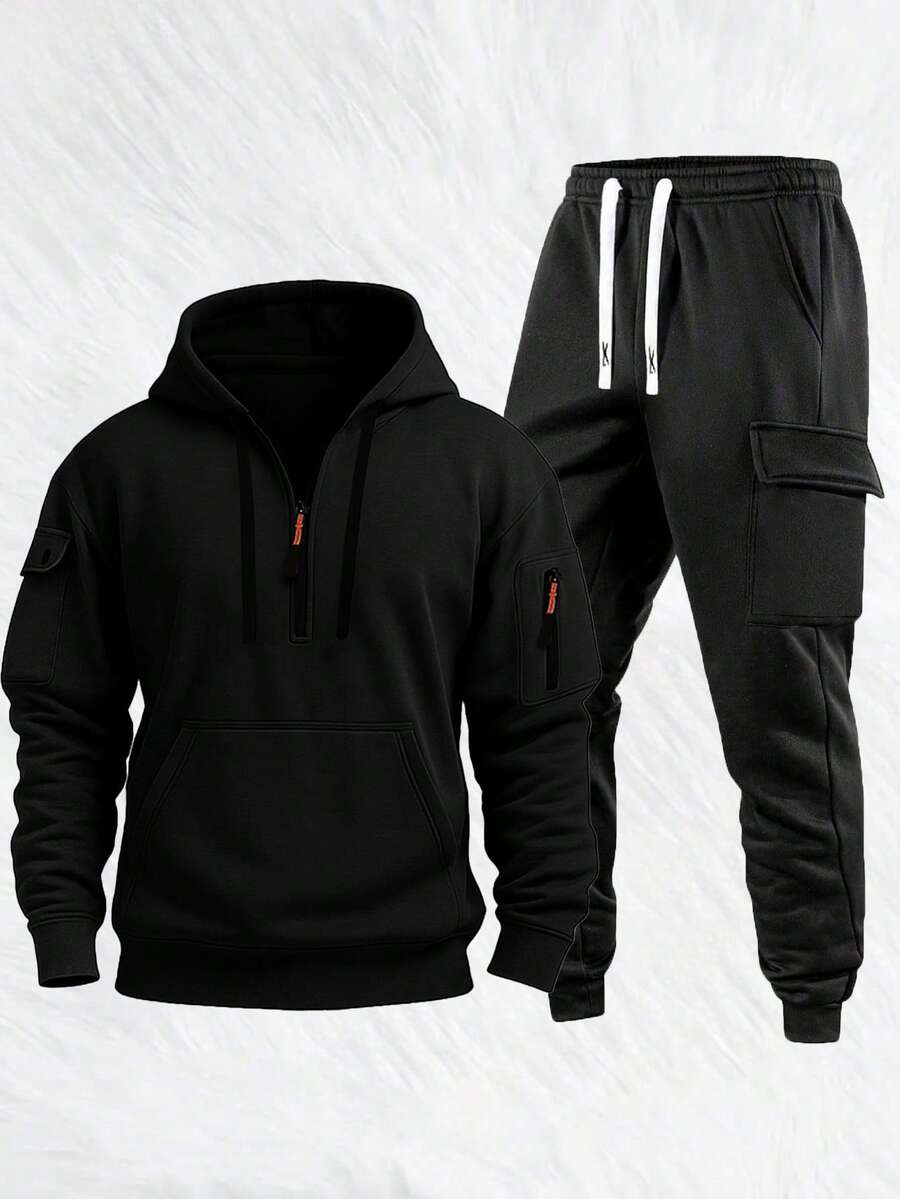 Conjunto de sudadera con capucha de media cremallera casual y pantalones cargo para hombres, traje de moda para exteriores, ropa de otoño