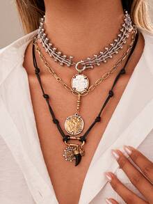 3pcs/Set Fashionable Retro Luxury Exaggerated Geometric Pendant Chunky Chain Necklace Set, Punk Style Necklace Accessories For Couples, Versatile Daily Wear