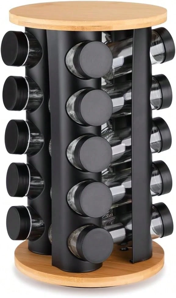 EliteHoff Obrotowy karuzelowy stojak na przyprawy – czarny stojak na przyprawy z bambusem (20 słoików na przyprawy) - Schwarz - Übersicht 1