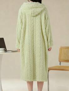 Casual Solid Color Wool Jacquard Robe, Autumn/Winter Warm Thermal Lined Long Sleeve Flannel Plush Button Up Hooded Loose Robe Sleepwear Bathrobe Dress With Pockets, Women Fluffy Cozy Loungewear - 綠色 - 查看 2