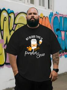 Men's "My Blood Type Is Pumpkin Fragrance" Graphic T-Shirt - Casual, Breathable, Loose Short Sleeve T-Shirt, Suitable For Summer Outdoor Activities, Outdoor Casual Wear |   Fun Print |   Comfortable Style, Machine Washable, Halloween, Christmas Gifts - Black - View 4