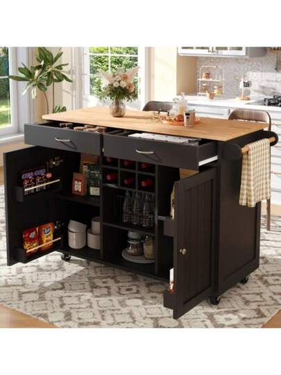 Moderne Kitchen Isl (102*45*92cm), Cabinet, Buffet Dining Cart Wood Grain, Multifunctional Tafel Storage Space, Zwart