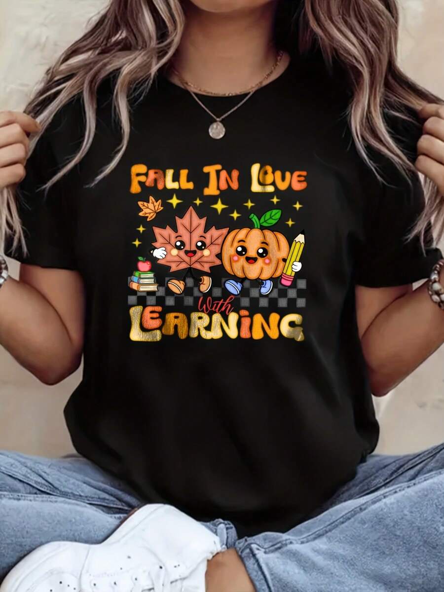 Women's Hallowellen Teacher Print Oversized Cotton T-Shirt, Soft And Breathable, Comfortable And Fitted With A Crew Neckline, 220g - Black - View 1