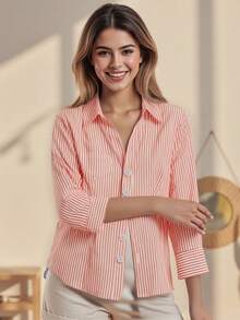 Camisa de mujer con botones, ajuste casual y estilizado, cuello en V, manga 3/4, sólido/a rayas - Rosa - Ver 4