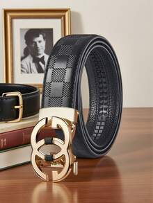 1 Piece Of Men's Letter Alloy Automatic-Buckle Adjustable Waist Belt. It Is A Carefully Selected Men's Light Luxury Business And Fashion Leather Belt, With A Length Of 120cm/47.24 Inches. Durable In Use, It Is Suitable For Daily Wear And Party Outfits, Applicable To Any Occasion. This Jeans Belt Is An Excellent Gift Choice. - Gold - View 12