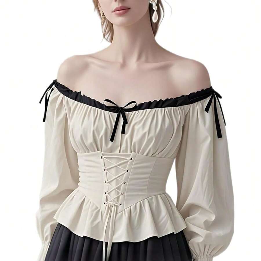 Renaissance Costumes Shirt Women Peasant Blouse Off-Shoulder Tops Halloween Medieval Pirate Costume Women{"Size_name":"Large"} - Lớn - Xem 1