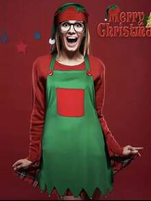 2 Pieces Unisex Christmascostume Set, Featuring A Festive Green Apron With A Red Pocket And A Santa Hat, Perfect For Holiday Party Accessories.