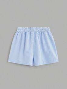 2 pcs Conjunto de dos piezas de top oversize de manga corta con estampado "Knight" y shorts a rayas para mujer, trajes de verano - blanco y azul - Ver 3