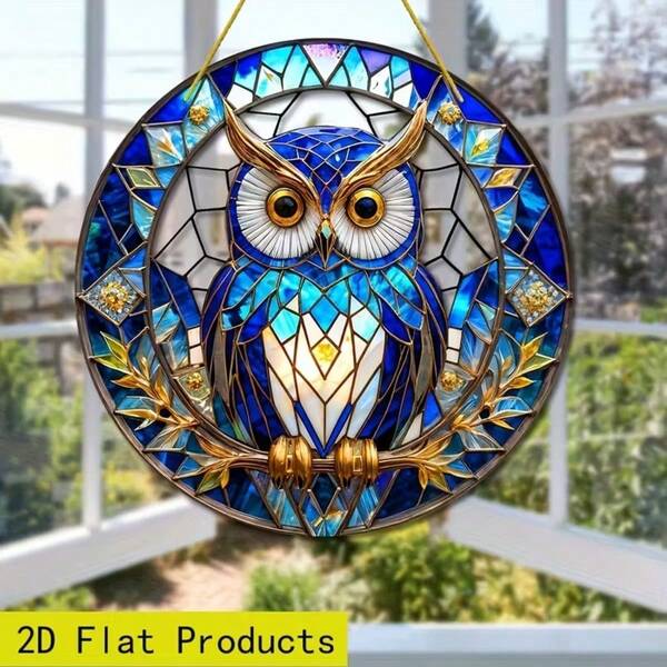Decoración colgante de ventana de búho acrílico plano 2D, arte de pared, 8 pulgadas, adecuado para dormitorio, sala de estar, cocina, oficina, decoración de Acción de Gracias, Halloween, otoño, Navidad, cumpleaños, regalo de inauguración de la casa. Efecto/Patrón de vidrio