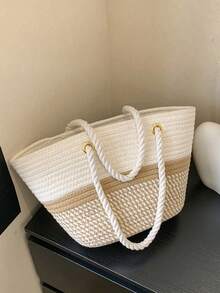 1 Piece, Pure Hand-Woven Bag In Leisure And Minimalist Vacation Style, Rope Braid, Open Style Ladies Beach Bag For Vacation Trip And Stylish Clothing Matching And Shopping With Friends, Gift For Girls, Suitable For Travel, Travel Essentials - 卡其色 - 查看 2