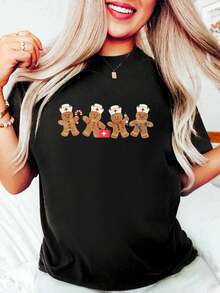 Casual Nurse Cute Gingerbread Christmas Xmas Holiday Nurses T-Shirt Cotton Women Clothing Black Top Graphic Tees Women Christmas Clothes - màu đen - Xem 1