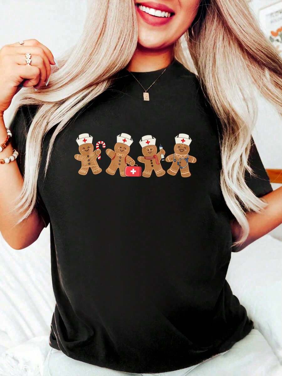 Casual Nurse Cute Gingerbread Christmas Xmas Holiday Nurses T-Shirt Cotton Women Clothing Black Top Graphic Tees Women Christmas Clothes - màu đen - Xem 1