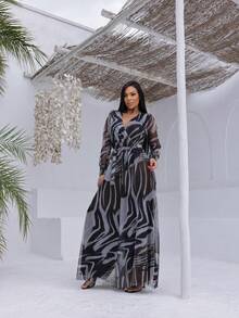 Printed Micro Tulle Long Sleeve Pantaloon Jumpsuit - 黑與白 - 查看 2