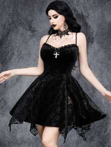 女式哥特式性感迷你万圣节蕾丝拼接不对称十字女巫天鹅绒玫瑰压花连衣裙 - 黑色 - 查看 4