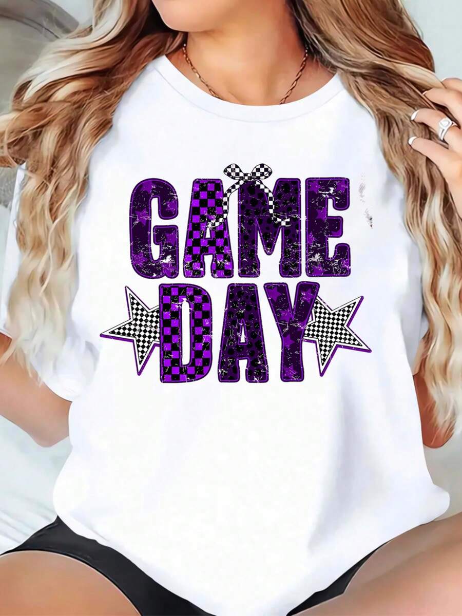 Game Day Purple Checkerboard Graphic T-Shirt For Women - Perfect For Sports Events, Football Games, And Team Spirit Outfits,220g - 白色 - 查看 1