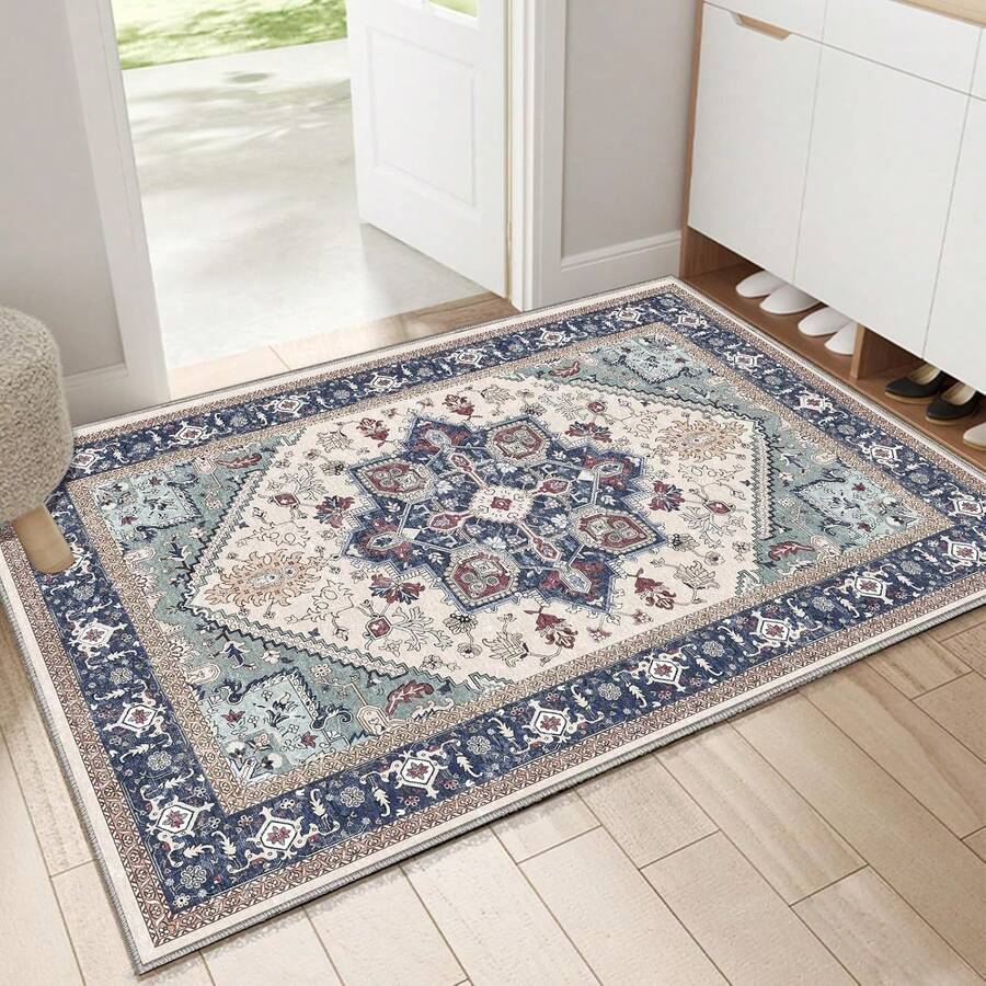 Soft Neutral Area Rugs 5x7, Washable Rug With Non Slip Backing, 5 X 7 Faux Cashmere Low-Pile Carpet, Cream White & Blue & Light Brown, 2025 Design - Blue & Red - View 1