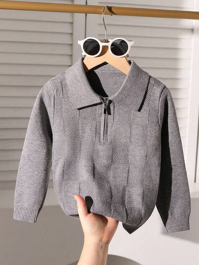 1pc Fashionable Plaid Asymmetrical Polo Collar Long Sleeve Pullover Shirt For Toddler Boys