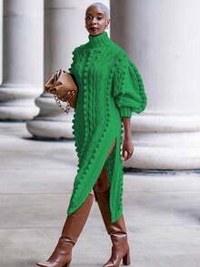 HERTALK Women's Pullover Sweater Dress Autumn And Winter Turtleneck Ribbed Chunky Knit Slit Midi Dress Fall Dresses For Women - 綠色 - 查看 2