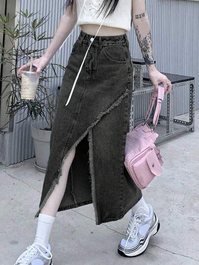 复古毛边开衩牛仔裙，春夏