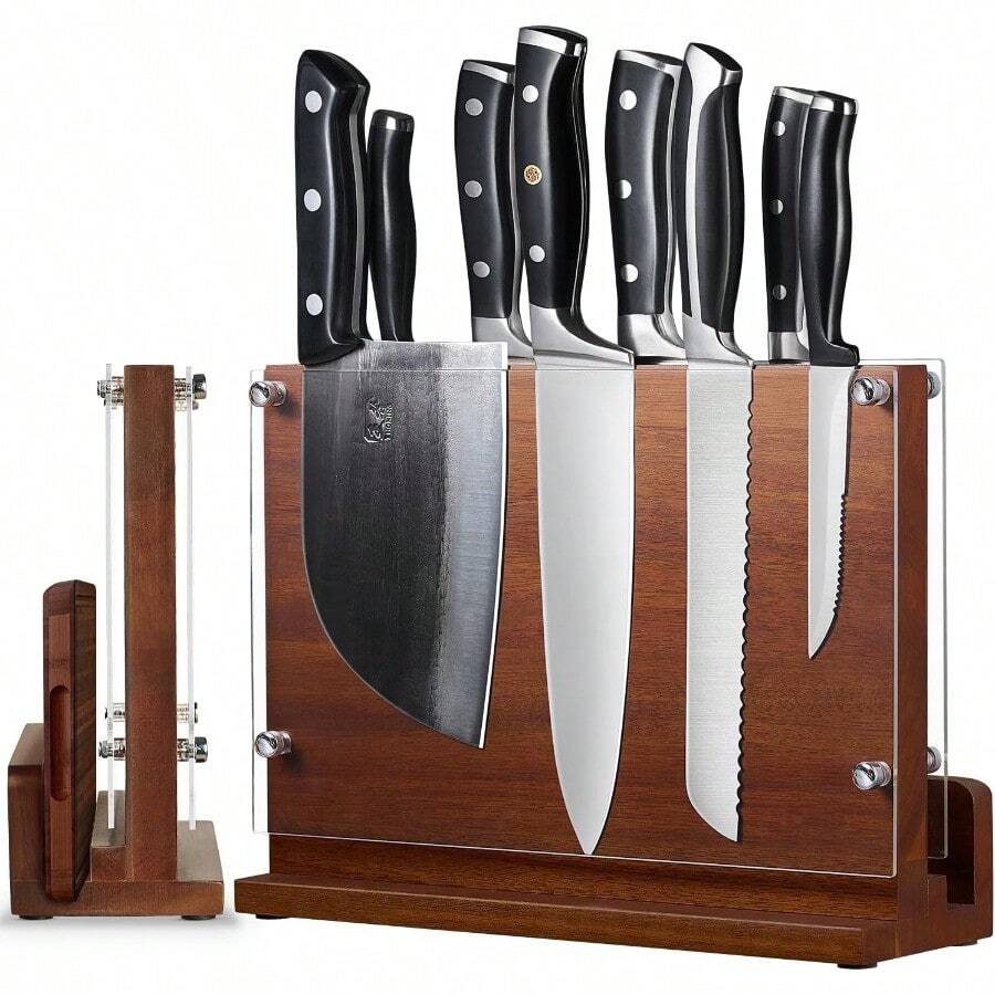 Magnetic Knife Block With Acrylic Shield 26 * 24 Cm Double Side Kitchen Knife Holder Without Knives Acacia Wood Universal Knife Storage Organizer With Powerful Magnet For Kitchen Counter - Wood - View 1