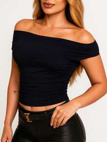 Women's Suplex Blouse Shoulder Basic Premium Elegant Casual T-Shirt Second Skin - 黑色 - 查看 1