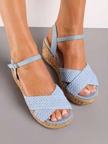 Women's Woven Wedge Sandals - Summer Casual Beach Travel - Blue - View 4